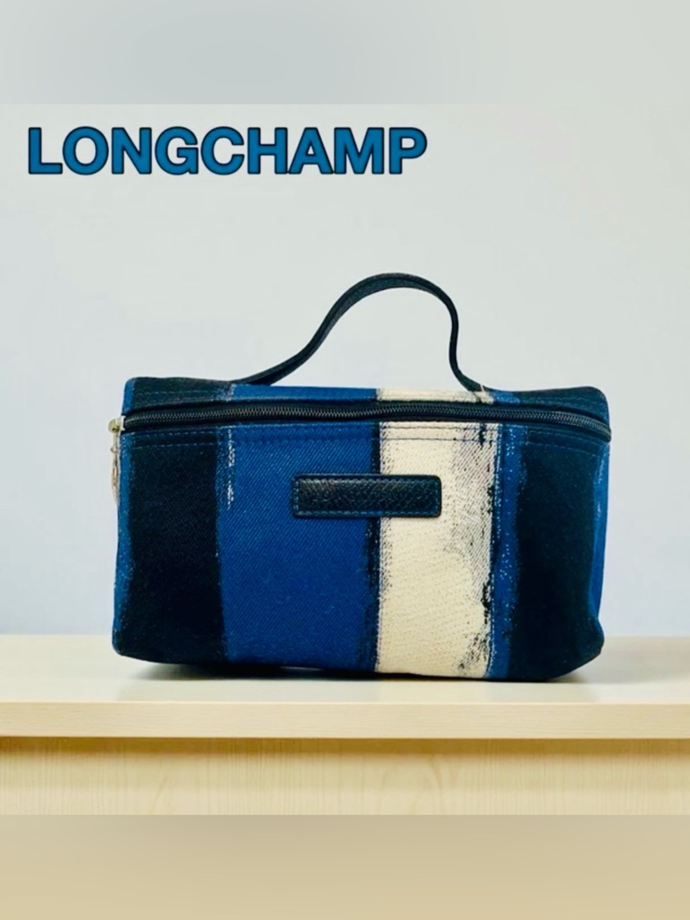 Longchamp Denim Blue White Striped Cosmetic Pouch